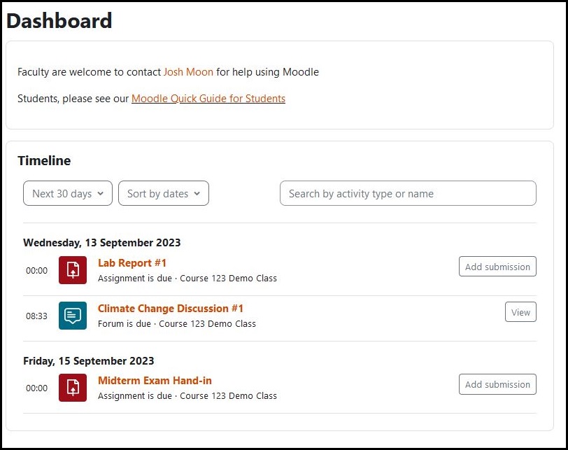 An example of student Moodle dashboard showing upcoming assignments and their due dates.